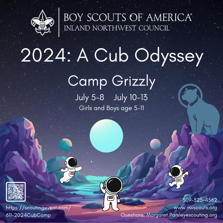 2024: A Cub Odyssey at Camp Grizzly July 5-8 and July 10-13. For Girls and Boys age 5-11.