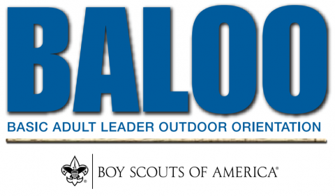 BALOO Logo - Large BALOO letters with BASIC ADULT LEADER OUTDOOR ORIENTATION imediately below. Then a horizontal bar above the National BSA logo